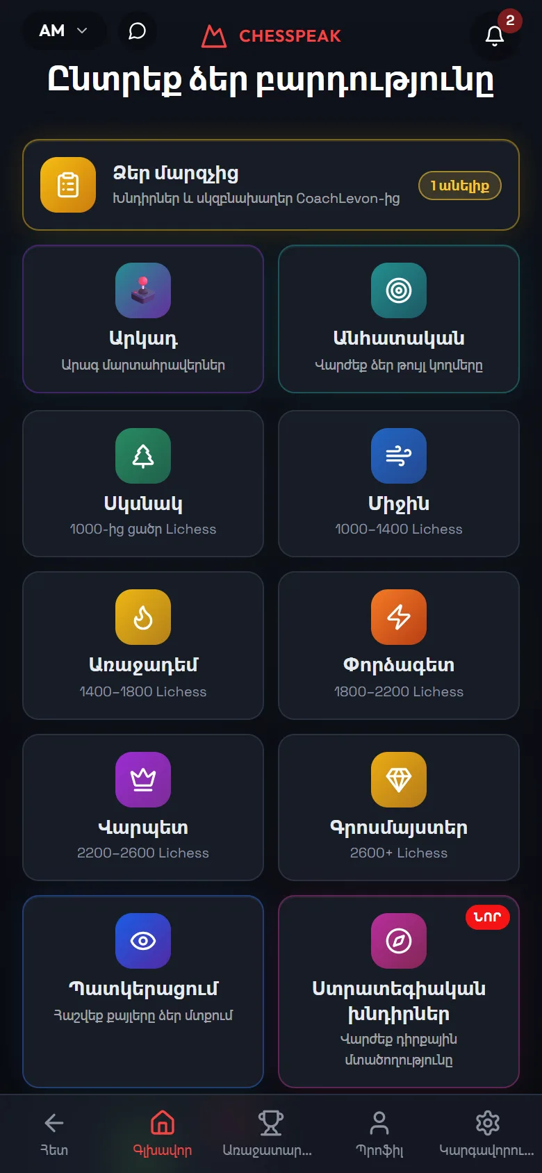 ChessPeak-ի գլխավոր էկրանը՝ վեց կատեգորիաներով