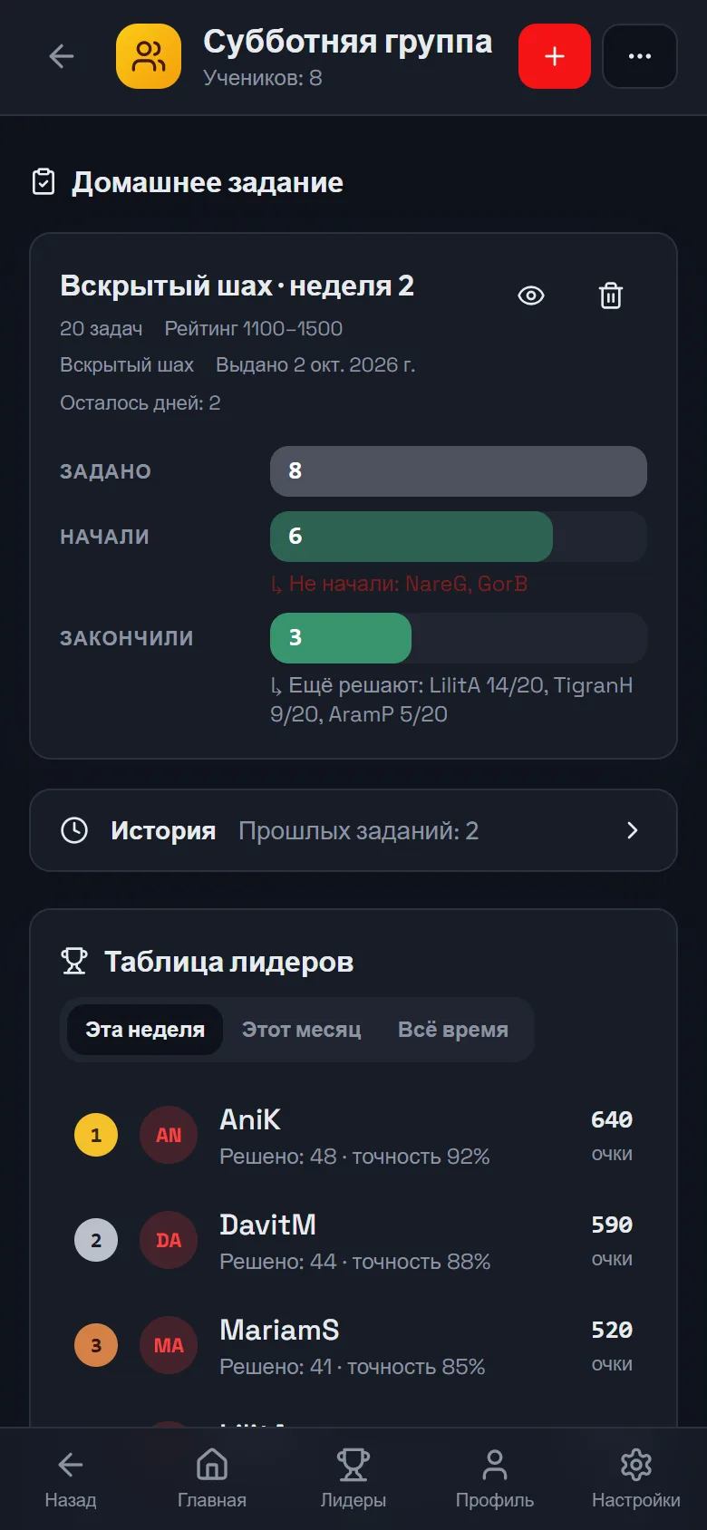 Страница группы тренера с прогрессом задания и таблицей лидеров