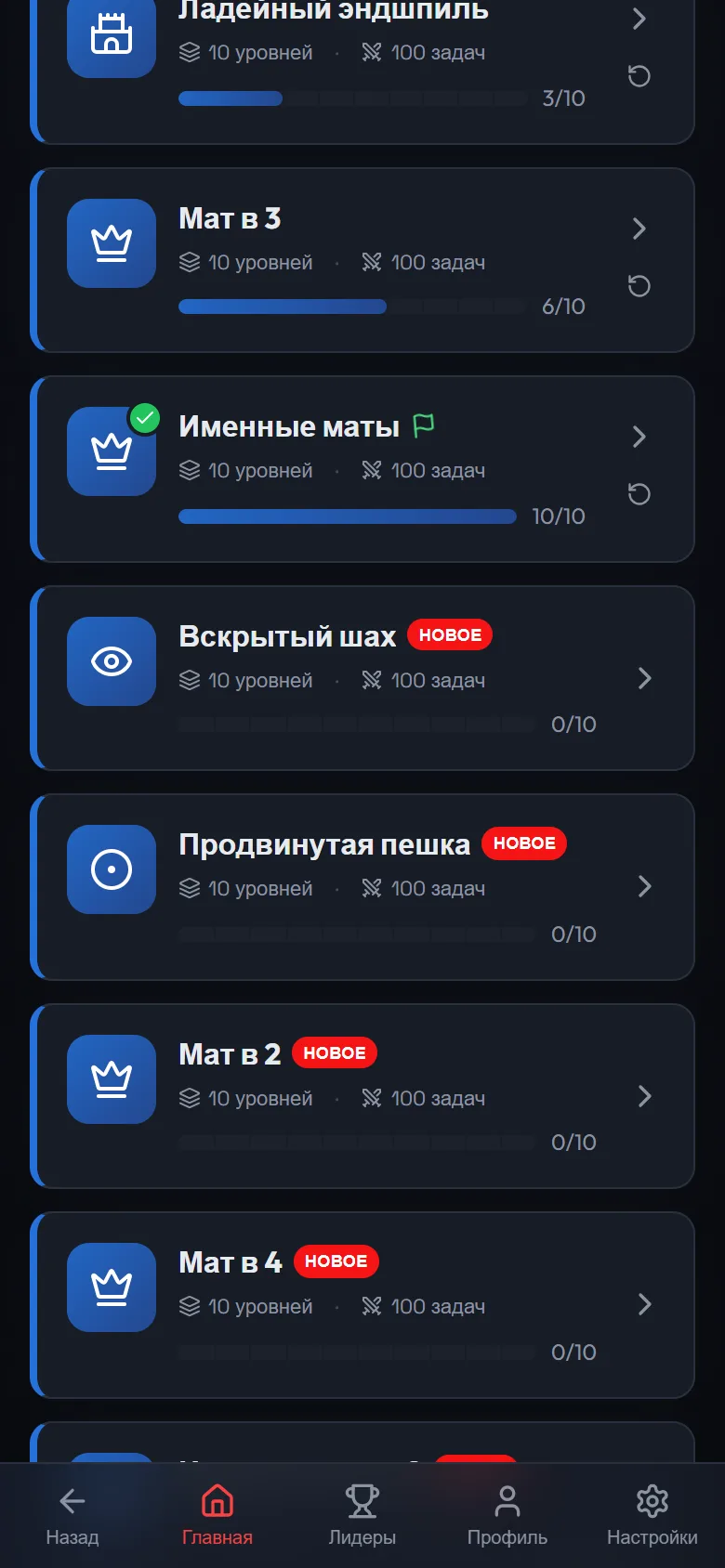 Список гор категории с прогрессом