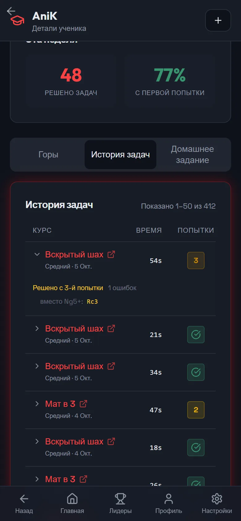 Тренер смотрит ходы, которые сыграл ученик
